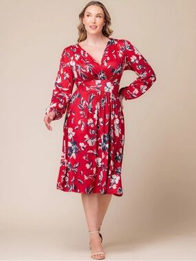 New Kiyonna Diana Red Floral Long Sleeve Midi Dress Size 1X